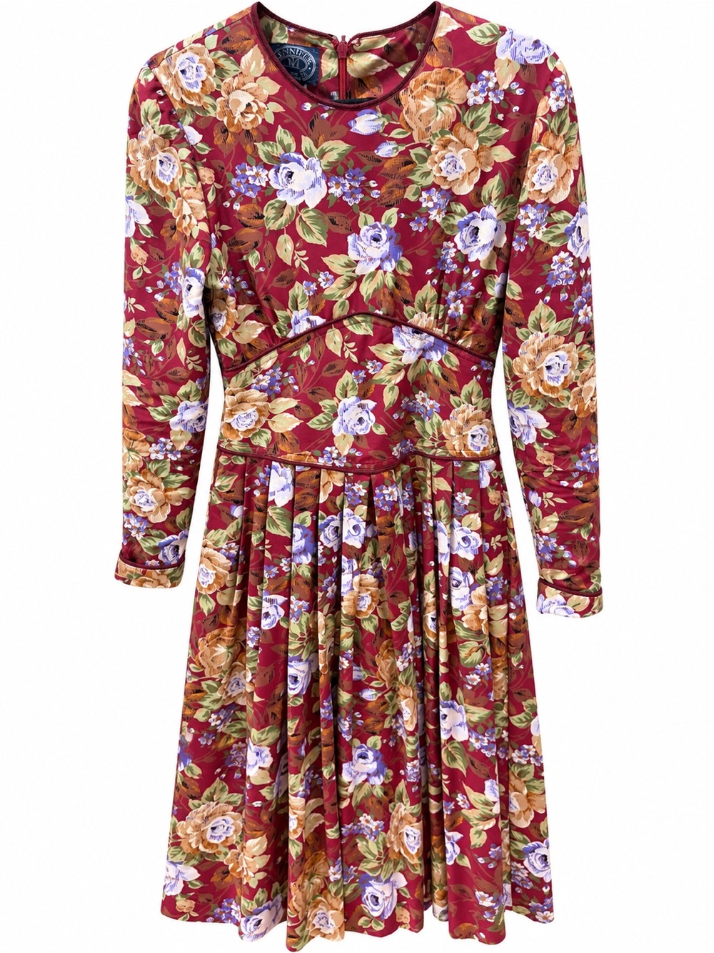 Jennifer Moore Burgundy Floral Long-Sleeve Fit & Flare Dress-Vintage